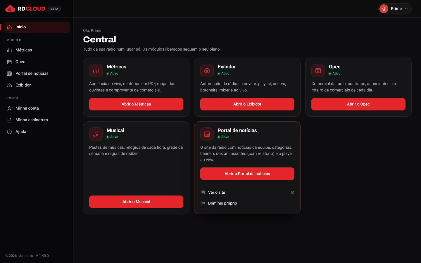 Central do cliente com os cartões de cada módulo